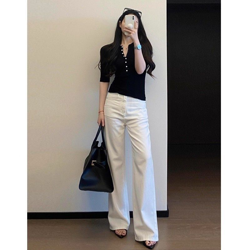 韓版白色高腰直筒簡約牛仔褲女2026夏天通勤款薄款牛仔長褲子ins