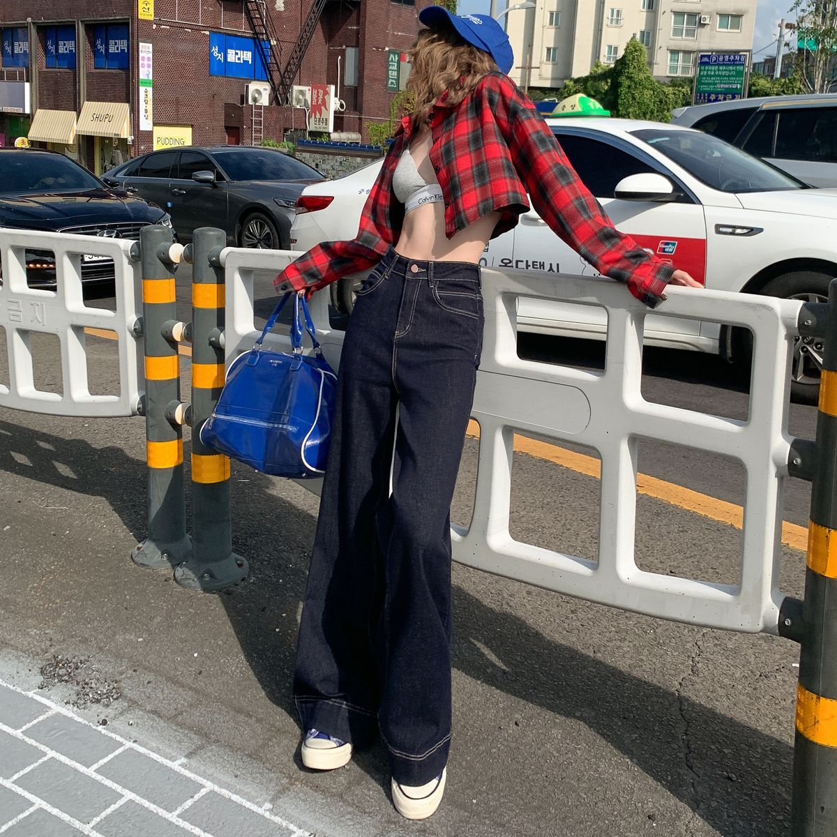 深藍色微喇牛仔褲女春季2026年新款高個子高腰顯瘦寬松微喇褲拖地