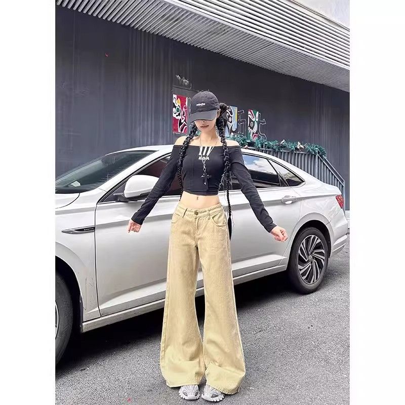 卡其色微喇牛仔褲女春季新款不貼腿低腰寬松顯瘦微喇百搭拖地褲子