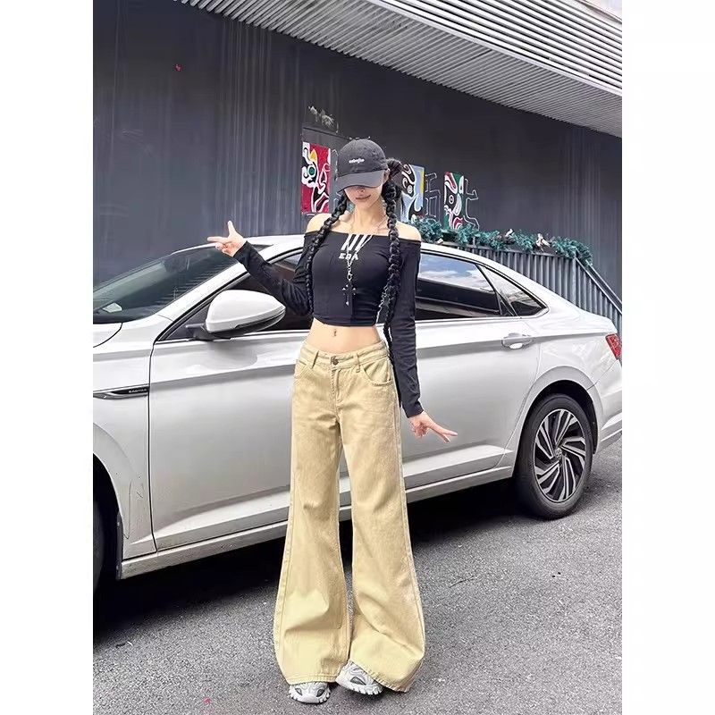 卡其色微喇牛仔褲女春季新款不貼腿低腰寬松顯瘦微喇百搭拖地褲子