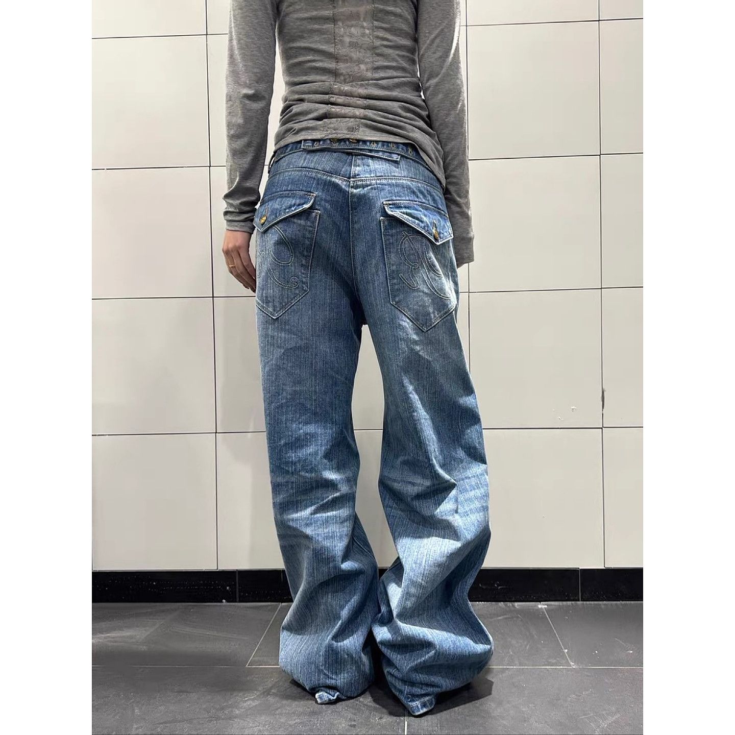 美式復古巴黎扣竹節紋牛仔褲男女春季街頭水洗做舊直筒寬松百搭褲