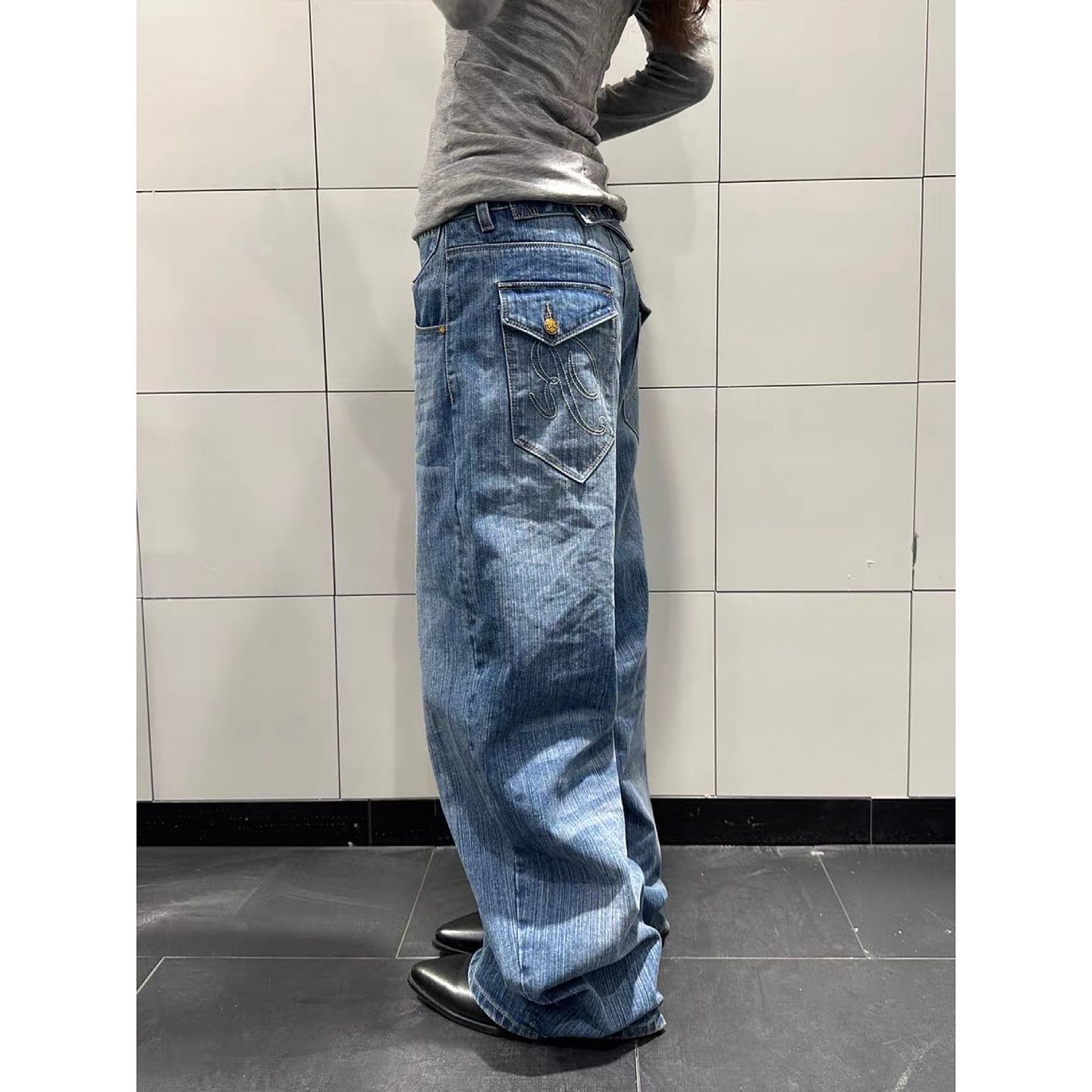 美式復古巴黎扣竹節紋牛仔褲男女春季街頭水洗做舊直筒寬松百搭褲