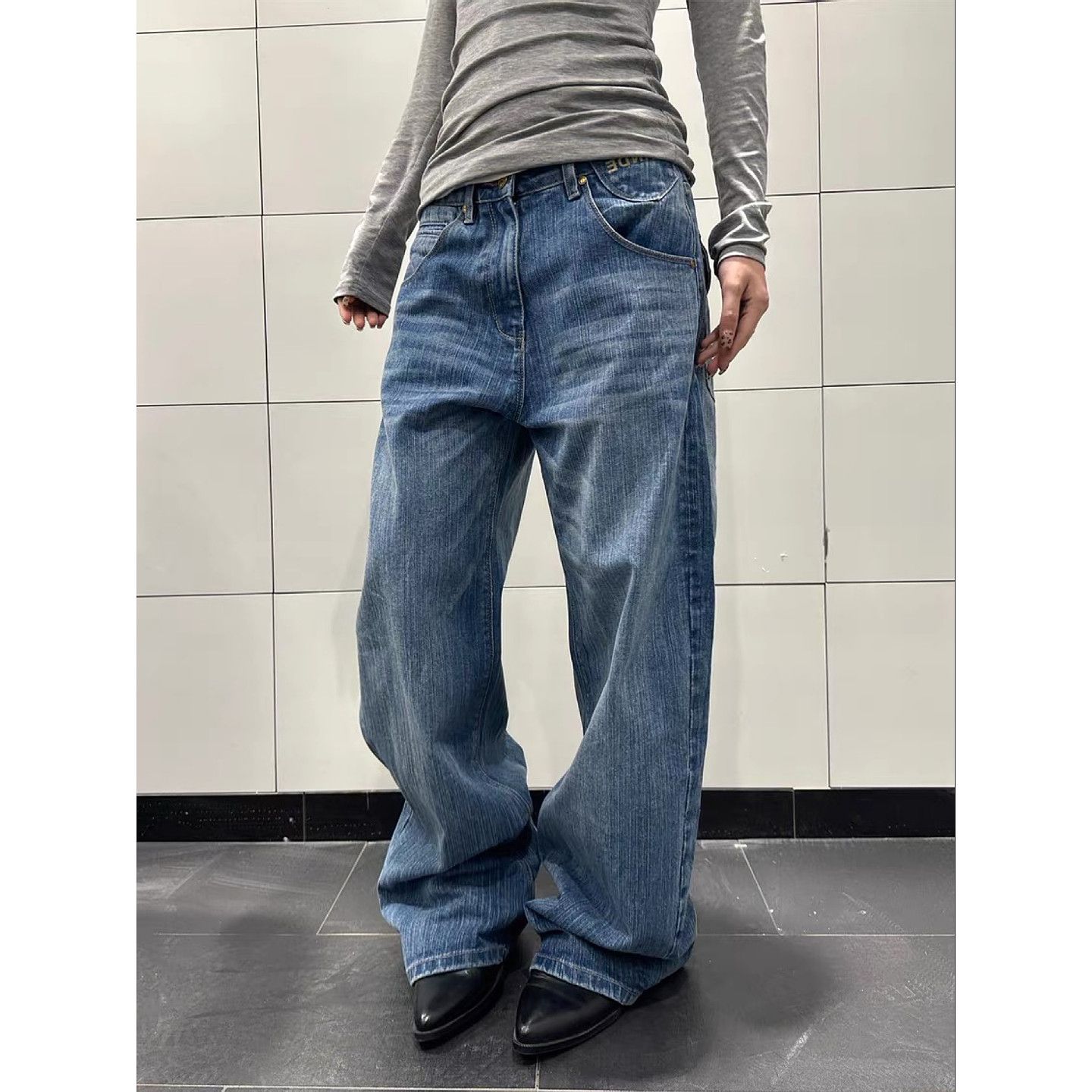 美式復古巴黎扣竹節紋牛仔褲男女春季街頭水洗做舊直筒寬松百搭褲
