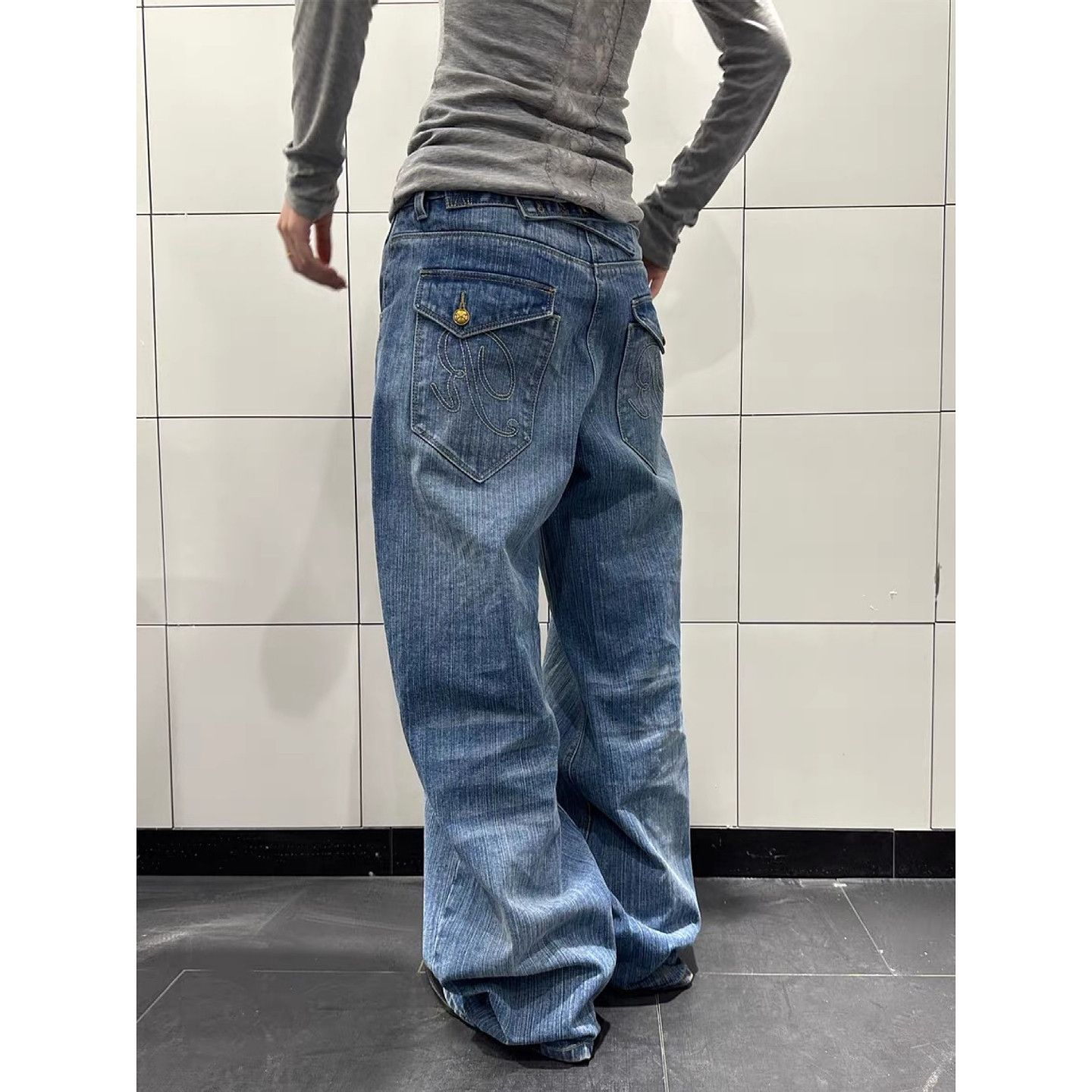 美式復古巴黎扣竹節紋牛仔褲男女春季街頭水洗做舊直筒寬松百搭褲