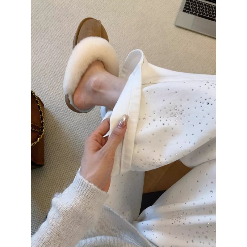 重工燙鉆白色闊腿牛仔褲女春季辣妹高腰顯瘦百搭寬松直筒拖地長褲
