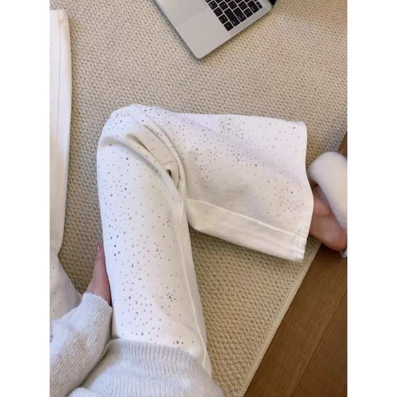 重工燙鉆白色闊腿牛仔褲女春季辣妹高腰顯瘦百搭寬松直筒拖地長褲