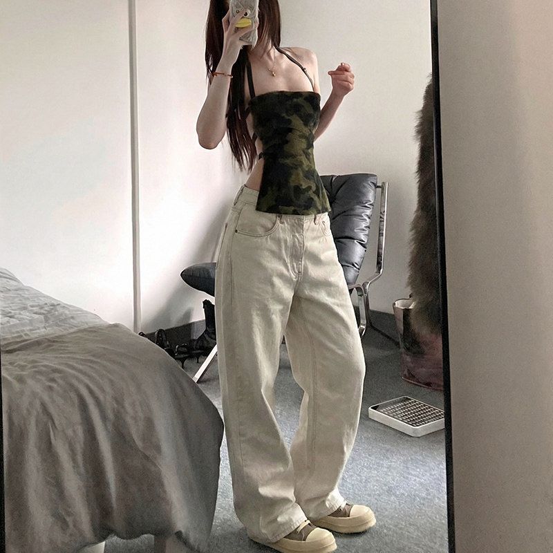 潮牌美式辣妹個性鏤空腰頭拼接牛仔褲子女春季新款設計感拖地長褲