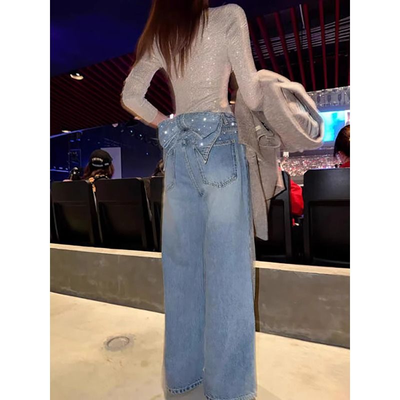立體蝴蝶結牛仔褲子女春季新款辣妹復古燙鉆拼接寬松直筒拖地長褲