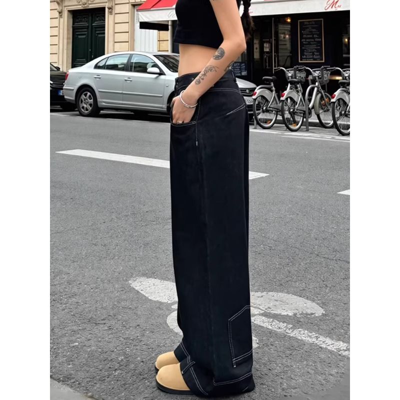 美式高街做舊水洗設計感反穿倒裝馬毛牛仔褲子女辣妹個性拖地長褲