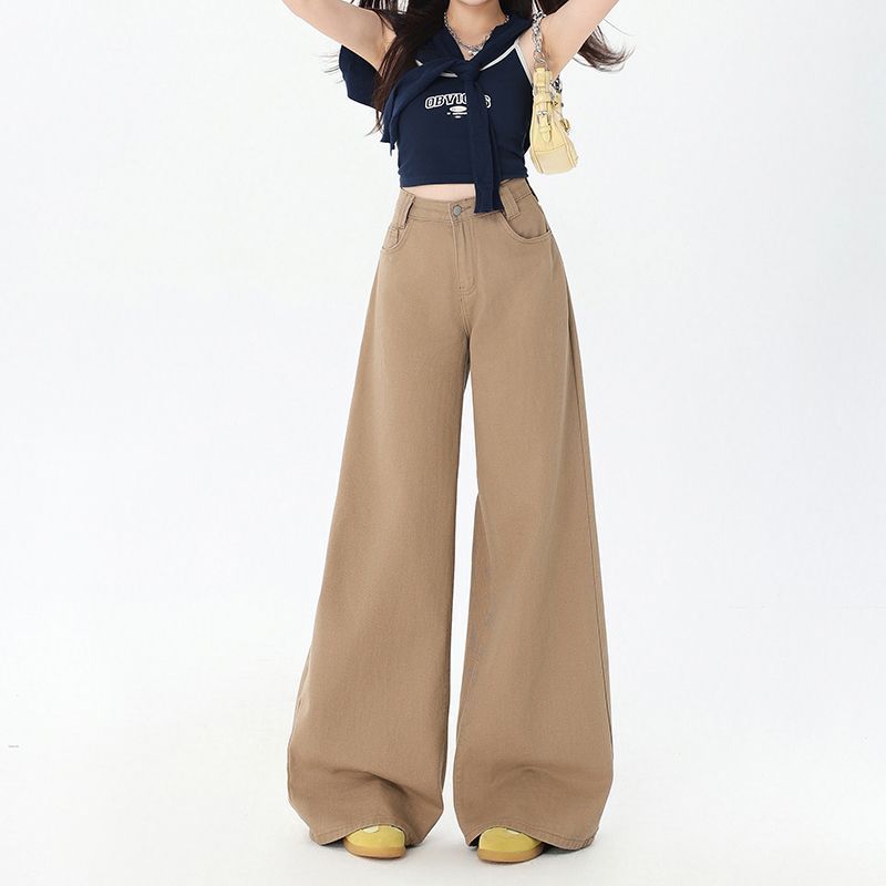 美式復古辣妹拿鐵棕牛仔褲女2026春夏寬松闊腿拖地遮肉垂感長褲