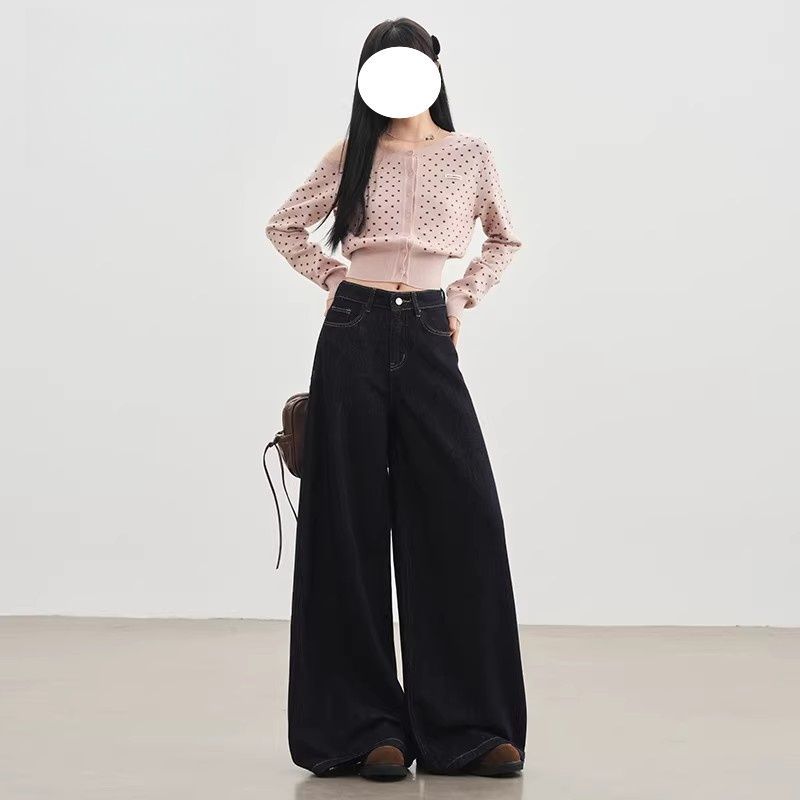 丹寧藍復古闊腿牛仔褲女2026春季新款高腰寬松垂感慵懶直筒拖地褲