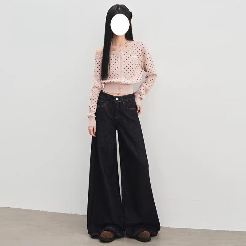 丹寧藍復古闊腿牛仔褲女2026春季新款高腰寬松垂感慵懶直筒拖地褲