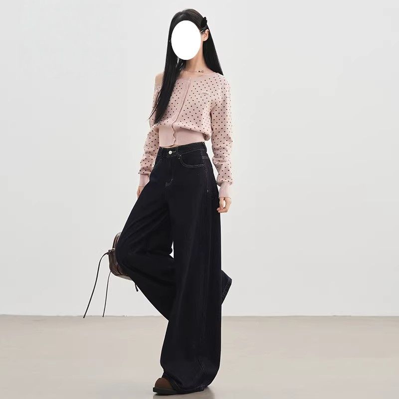 丹寧藍復古闊腿牛仔褲女2026春季新款高腰寬松垂感慵懶直筒拖地褲