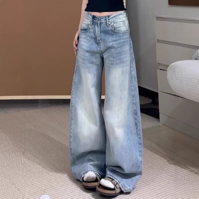 美式水洗復古竹節紋彎刀牛仔褲女春夏寬松顯瘦不貼腿闊腿拖地長褲