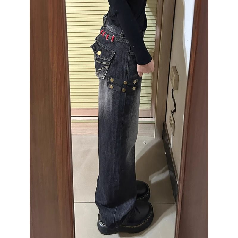 美式y2k亞文化黑色水洗牛仔褲女春季辣妹個性百搭做舊高腰直筒褲