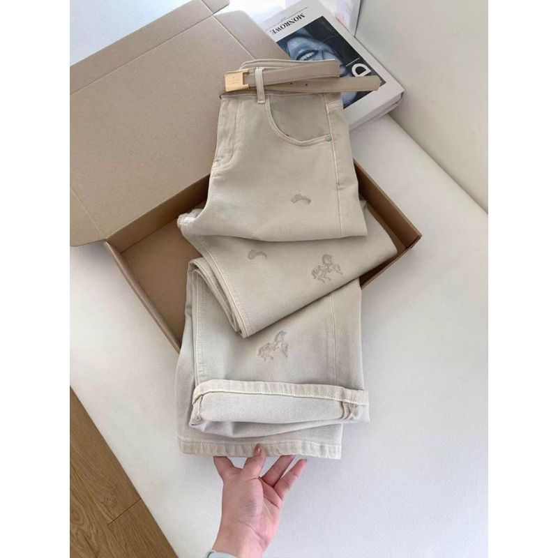 辣妹復古小馬刺繡牛仔褲女春季米白色高腰顯瘦寬松闊腿直筒拖地褲