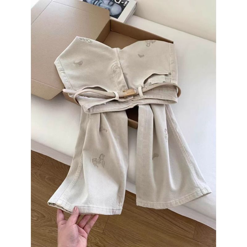 辣妹復古小馬刺繡牛仔褲女春季米白色高腰顯瘦寬松闊腿直筒拖地褲
