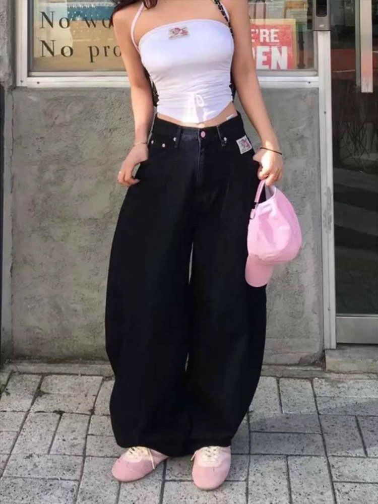 美式甜酷辣妹寬松黑色牛仔褲字母刺繡設計新款高腰長褲彎刀拖地褲