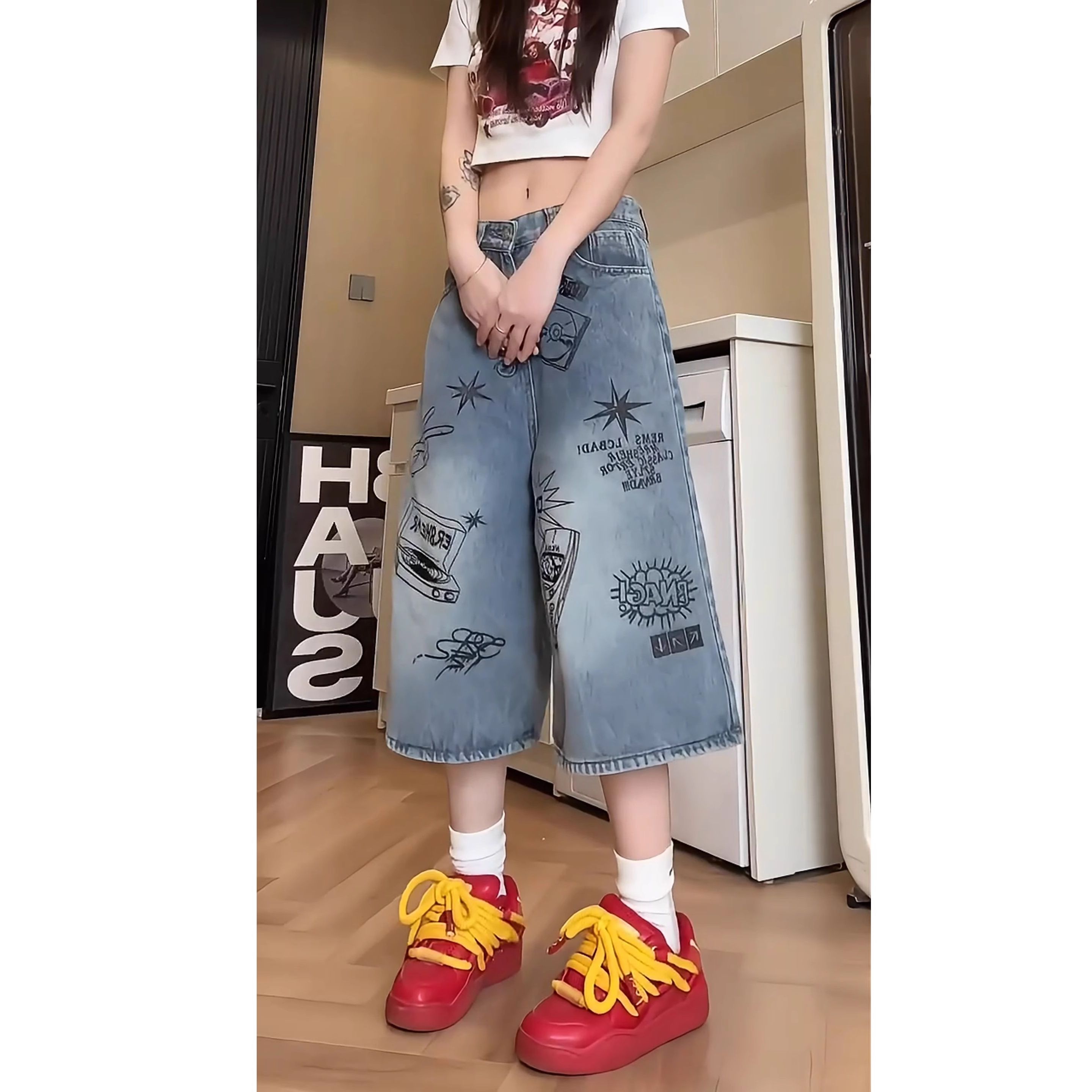 美式復古涂鴉七分牛仔褲女夏季薄款直筒闊腿中褲寬松休閑中褲潮