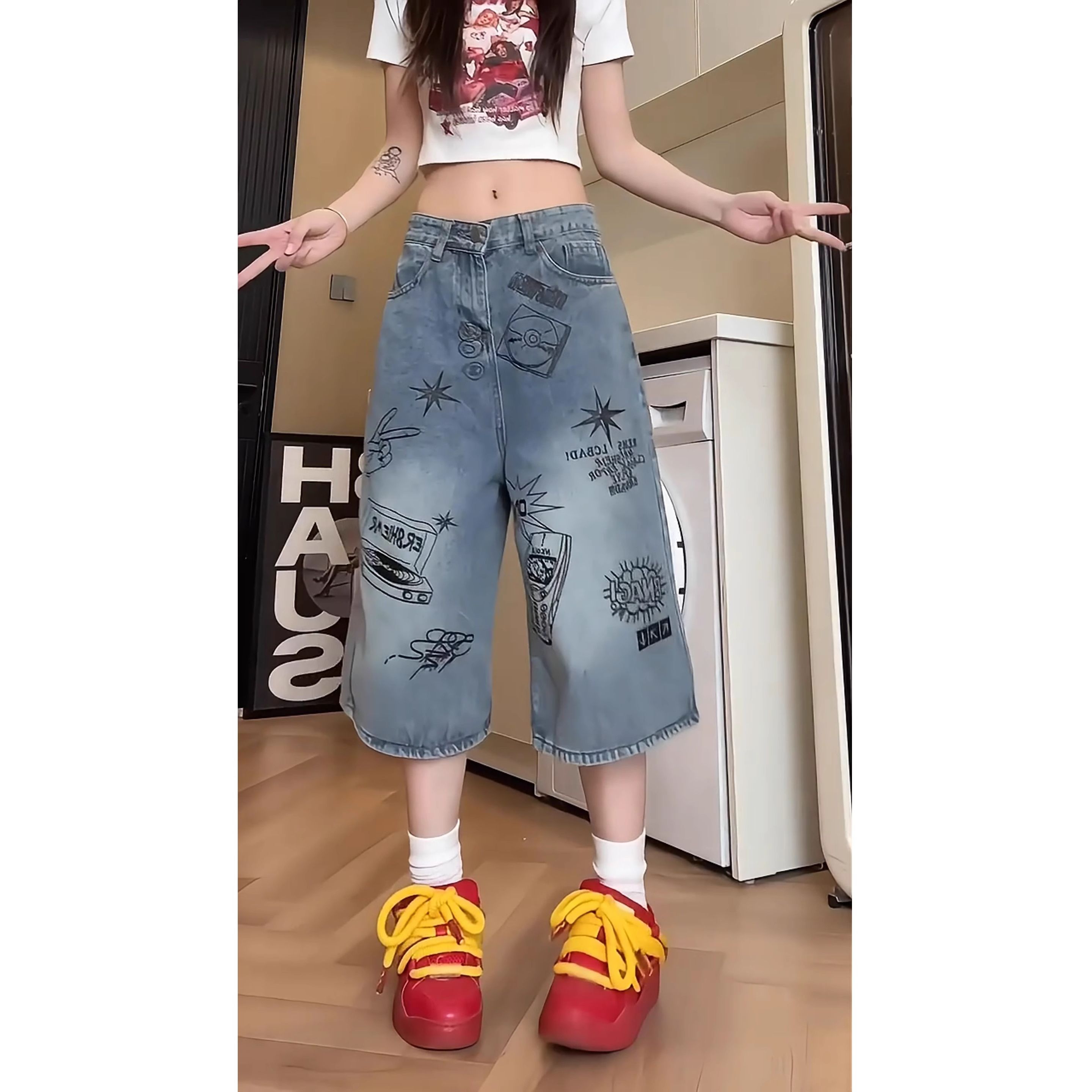 美式復古涂鴉七分牛仔褲女夏季薄款直筒闊腿中褲寬松休閑中褲潮