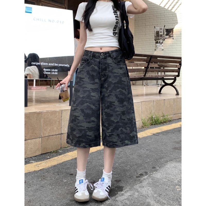 美式高街迷彩牛仔褲女2026年夏季新款休閑中褲闊腿七分褲短褲子