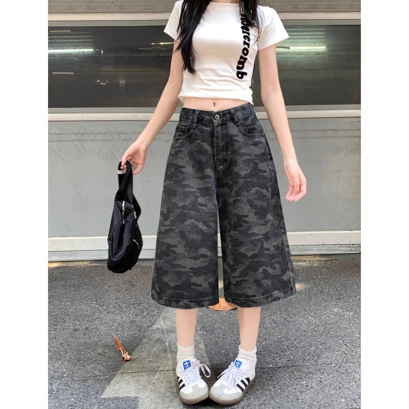 美式高街迷彩牛仔褲女2026年夏季新款休閑中褲闊腿七分褲短褲子