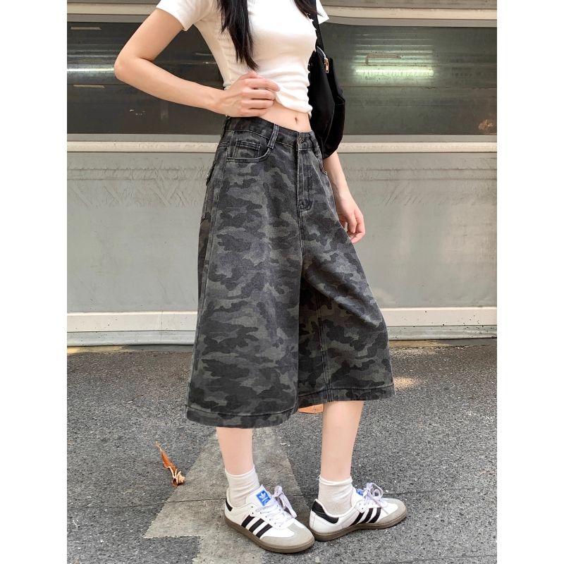 美式高街迷彩牛仔褲女2026年夏季新款休閑中褲闊腿七分褲短褲子