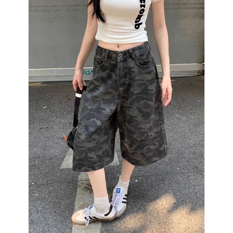 美式高街迷彩牛仔褲女2026年夏季新款休閑中褲闊腿七分褲短褲子