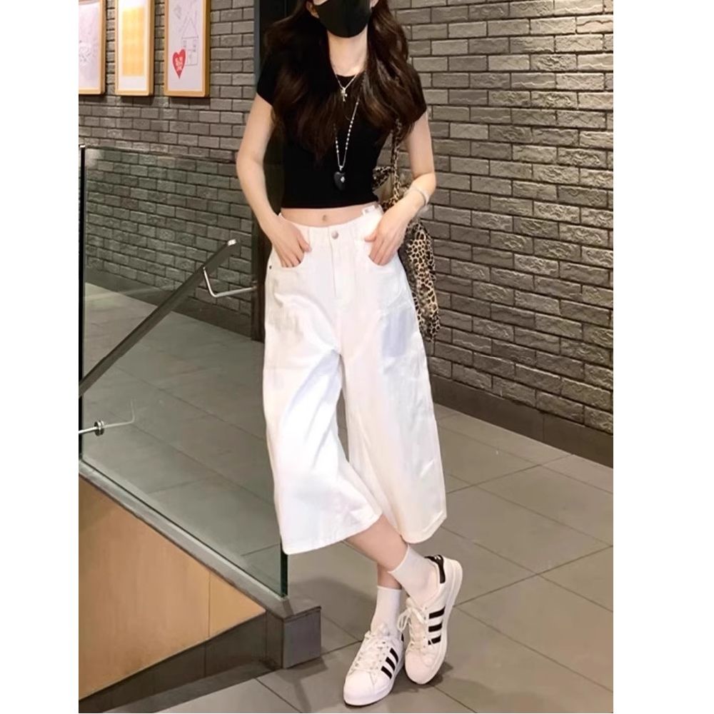 白色直筒牛仔七分短褲女夏季新款高腰寬松顯瘦休閑垂感闊腿中褲子