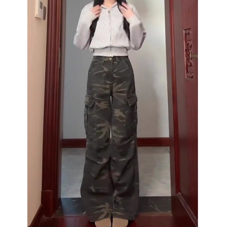 迷彩工裝牛仔褲女2026年夏季新款設計感高腰顯瘦寬松垂感拖地長褲