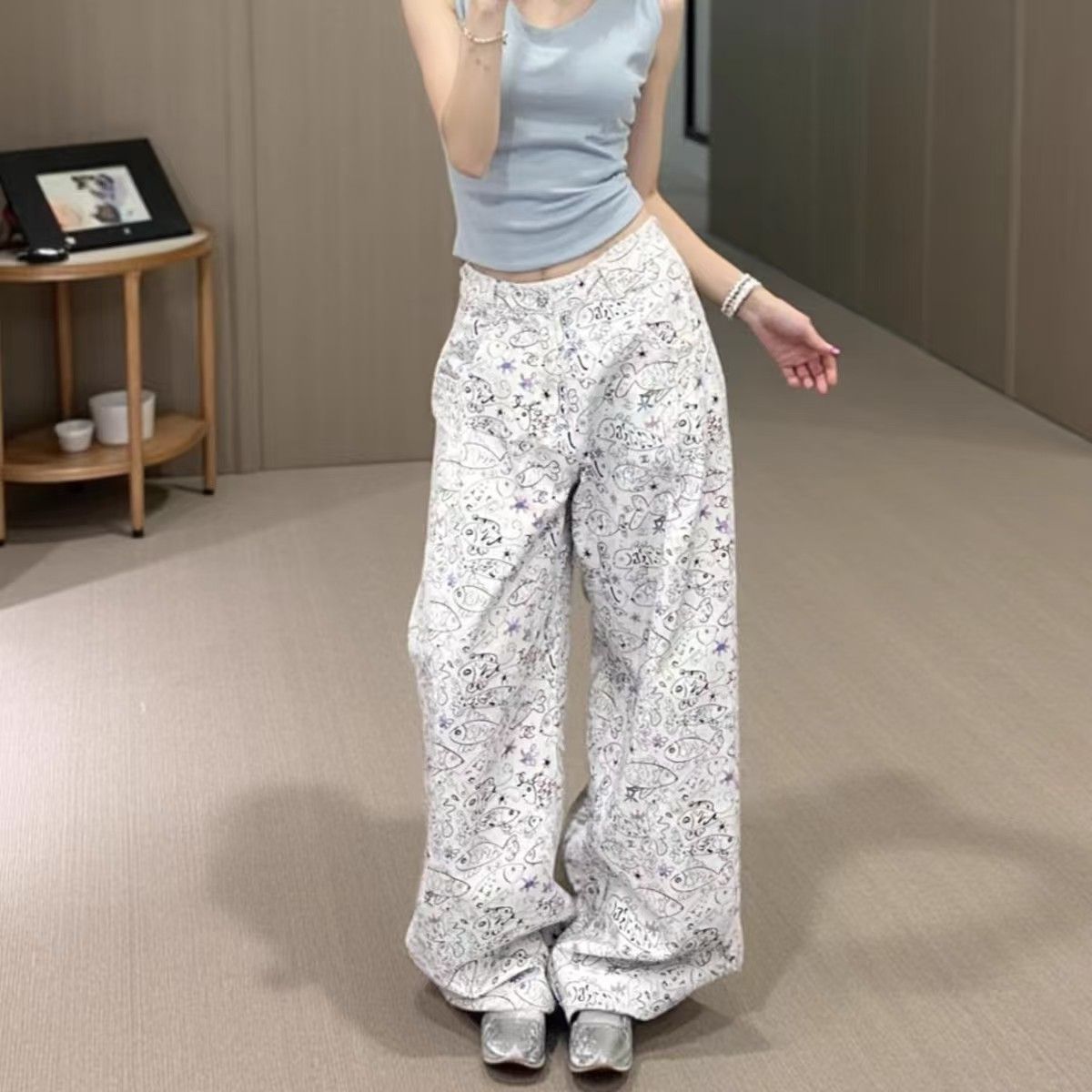 美式復古小魚印花牛仔褲女2026春夏新款高腰寬松闊腿拖地褲子潮