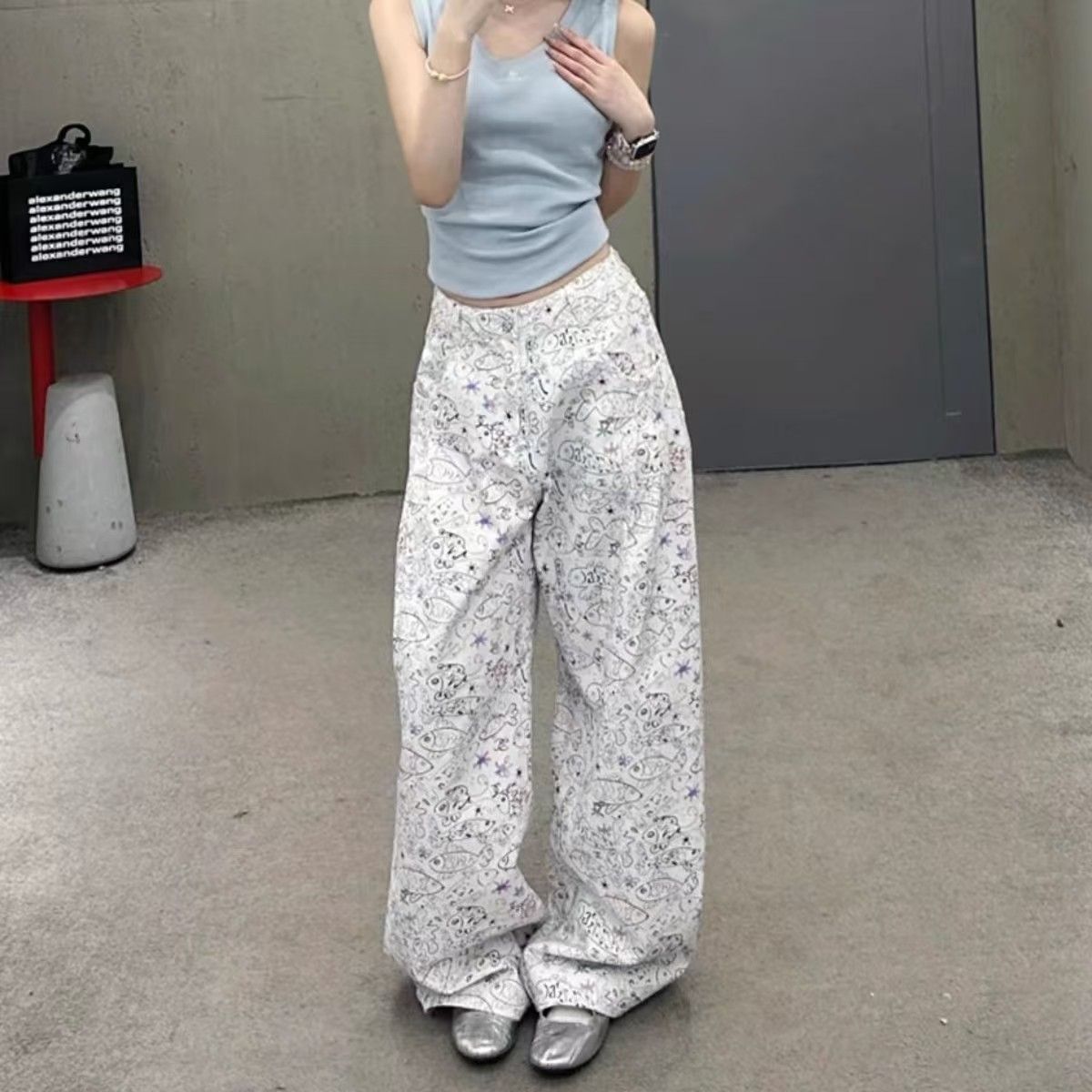 美式復古小魚印花牛仔褲女2026春夏新款高腰寬松闊腿拖地褲子潮