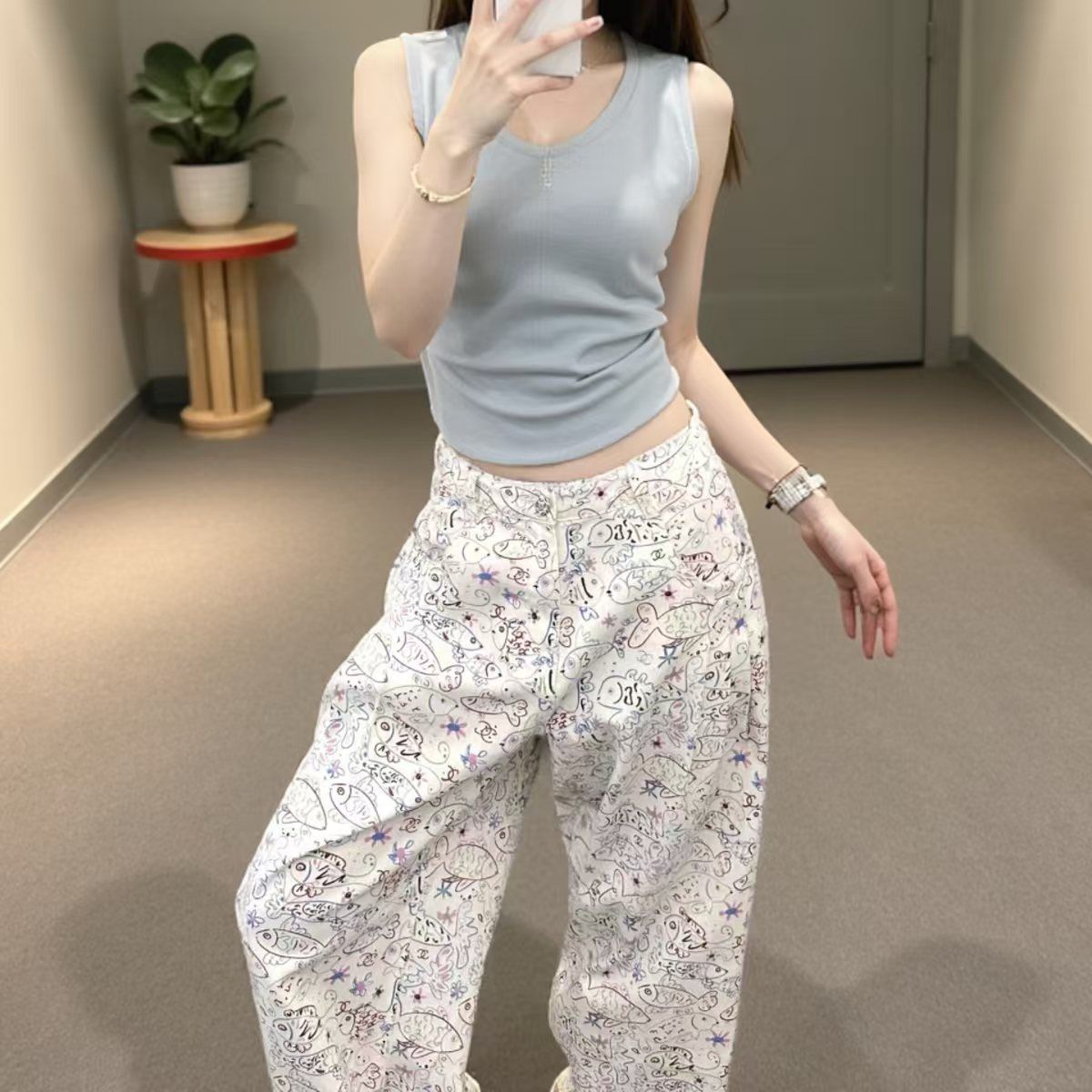 美式復古小魚印花牛仔褲女2026春夏新款高腰寬松闊腿拖地褲子潮