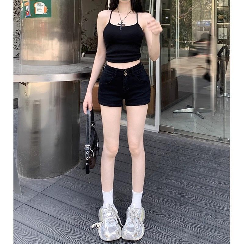小個子黑色兩粒扣牛仔短褲女新款夏季辣妹彈力緊身顯瘦包臀熱褲潮