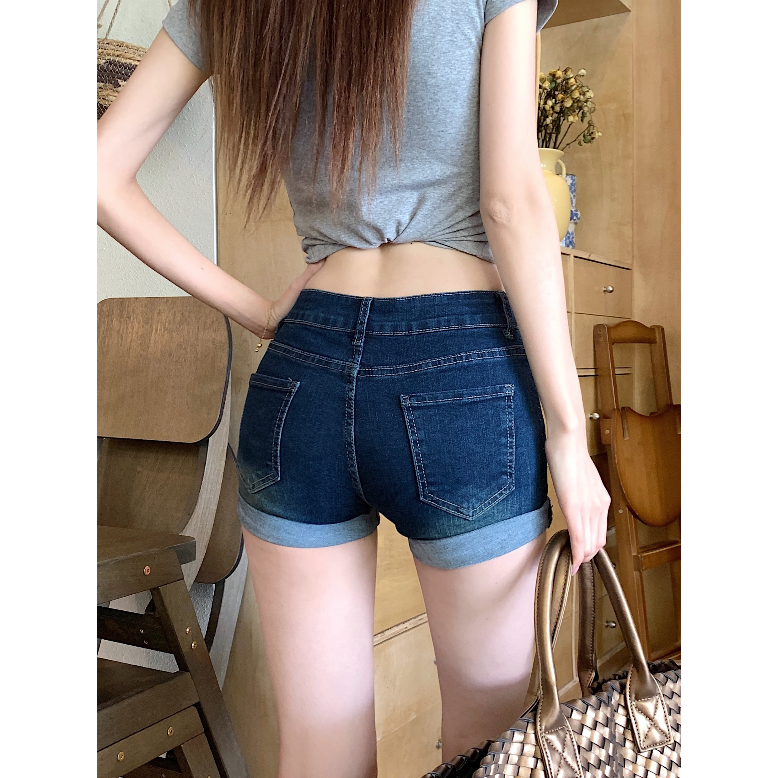 實拍~復古燙鉆翻邊牛仔短褲女夏季辣妹顯瘦高腰包臀褲子a字熱褲
