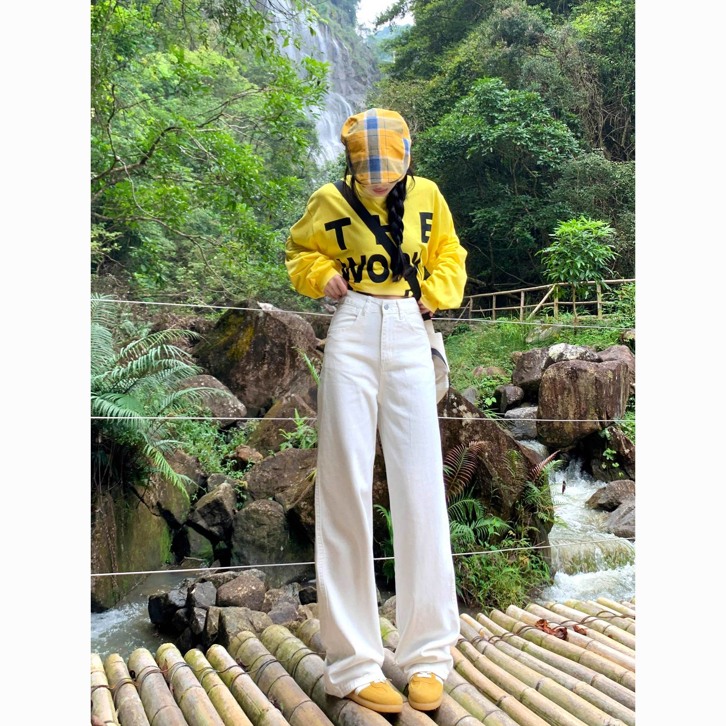 白色高腰闊腿牛仔褲女2026春夏新款寬松顯瘦百搭垂感直筒拖地長褲