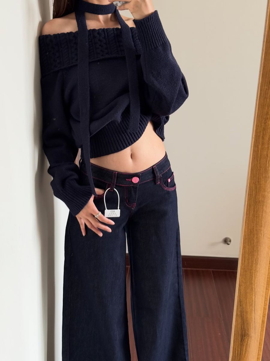 美式復古粉線撞色丹寧藍闊腿牛仔褲女夏季寬松垂感顯瘦低腰直筒褲
