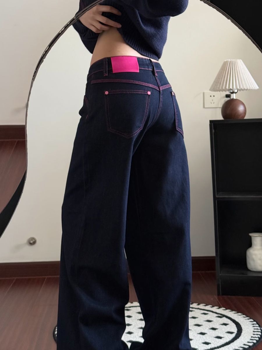 美式復古粉線撞色丹寧藍闊腿牛仔褲女夏季寬松垂感顯瘦低腰直筒褲