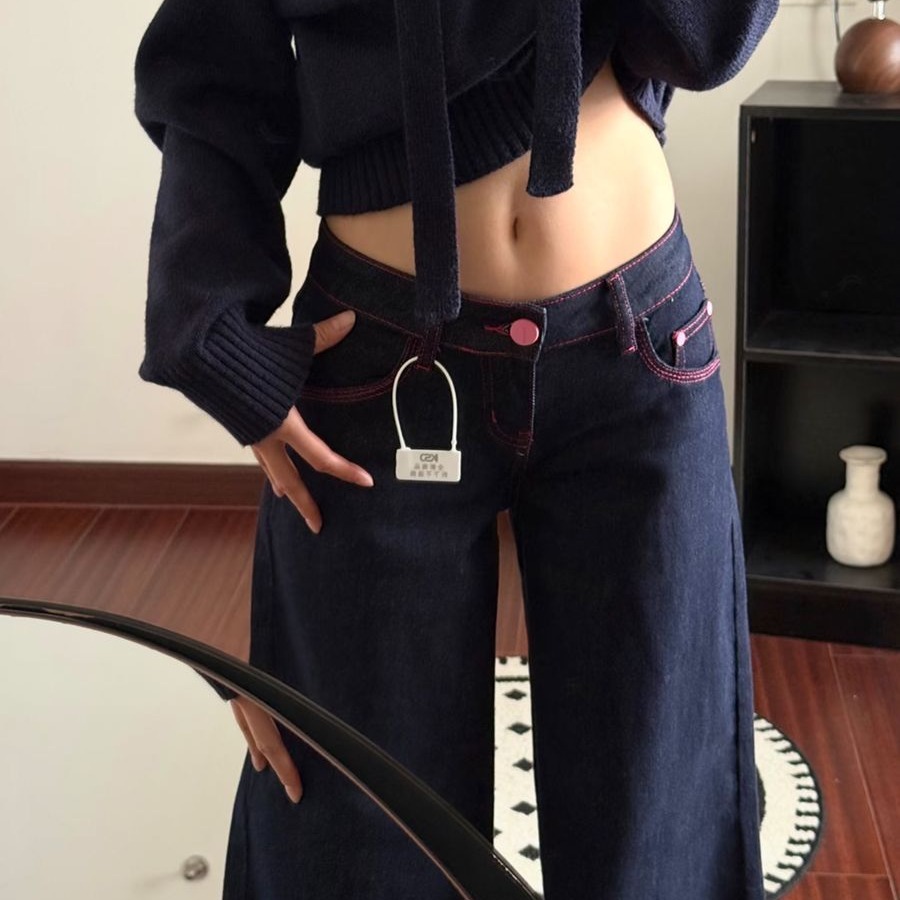 美式復古粉線撞色丹寧藍闊腿牛仔褲女夏季寬松垂感顯瘦低腰直筒褲