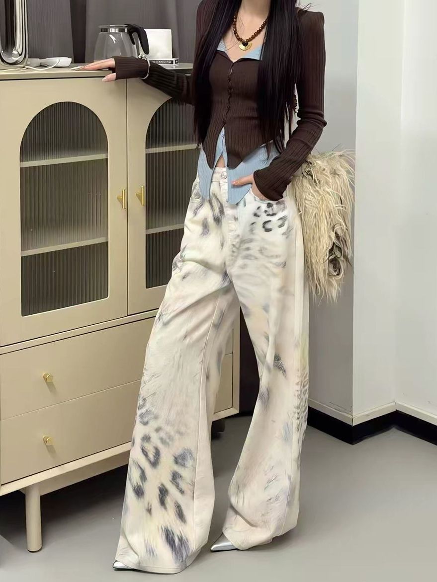 豹紋扎染闊腿牛仔褲女新款廢土風設計寬松直筒拖地褲休閑遮肉褲子