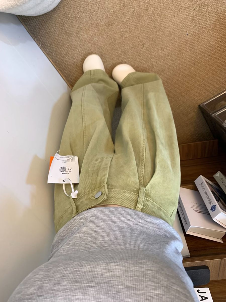 美式復古牛油果綠色褲子女顯瘦寬松闊腿褲2026新款垂感拖地牛仔褲