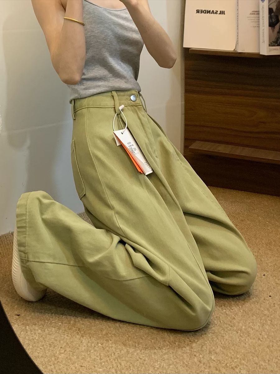 美式復古牛油果綠色褲子女顯瘦寬松闊腿褲2026新款垂感拖地牛仔褲