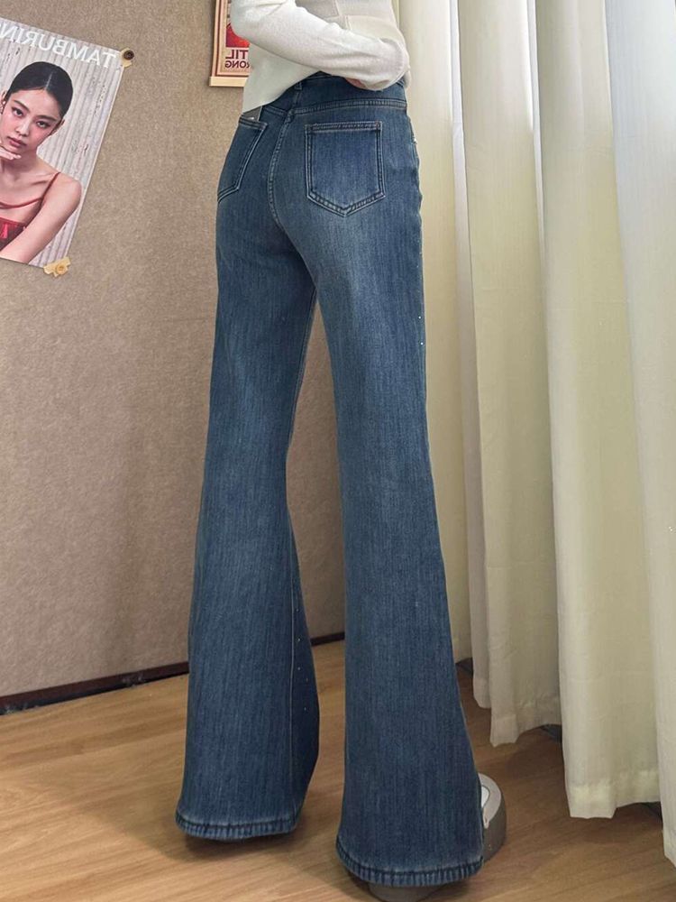 小個子美式復古滿天星燙鉆微喇牛仔褲女新款修身顯瘦高腰喇叭褲