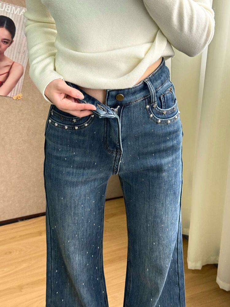 小個子美式復古滿天星燙鉆微喇牛仔褲女新款修身顯瘦高腰喇叭褲