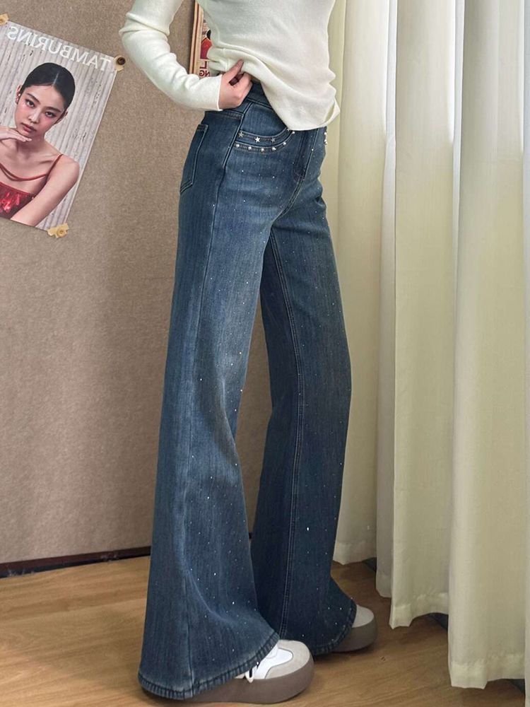 小個子美式復古滿天星燙鉆微喇牛仔褲女新款修身顯瘦高腰喇叭褲