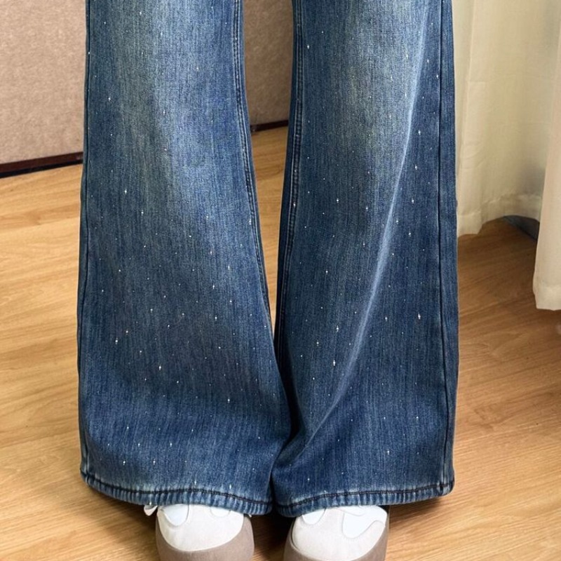 小個子美式復古滿天星燙鉆微喇牛仔褲女新款修身顯瘦高腰喇叭褲