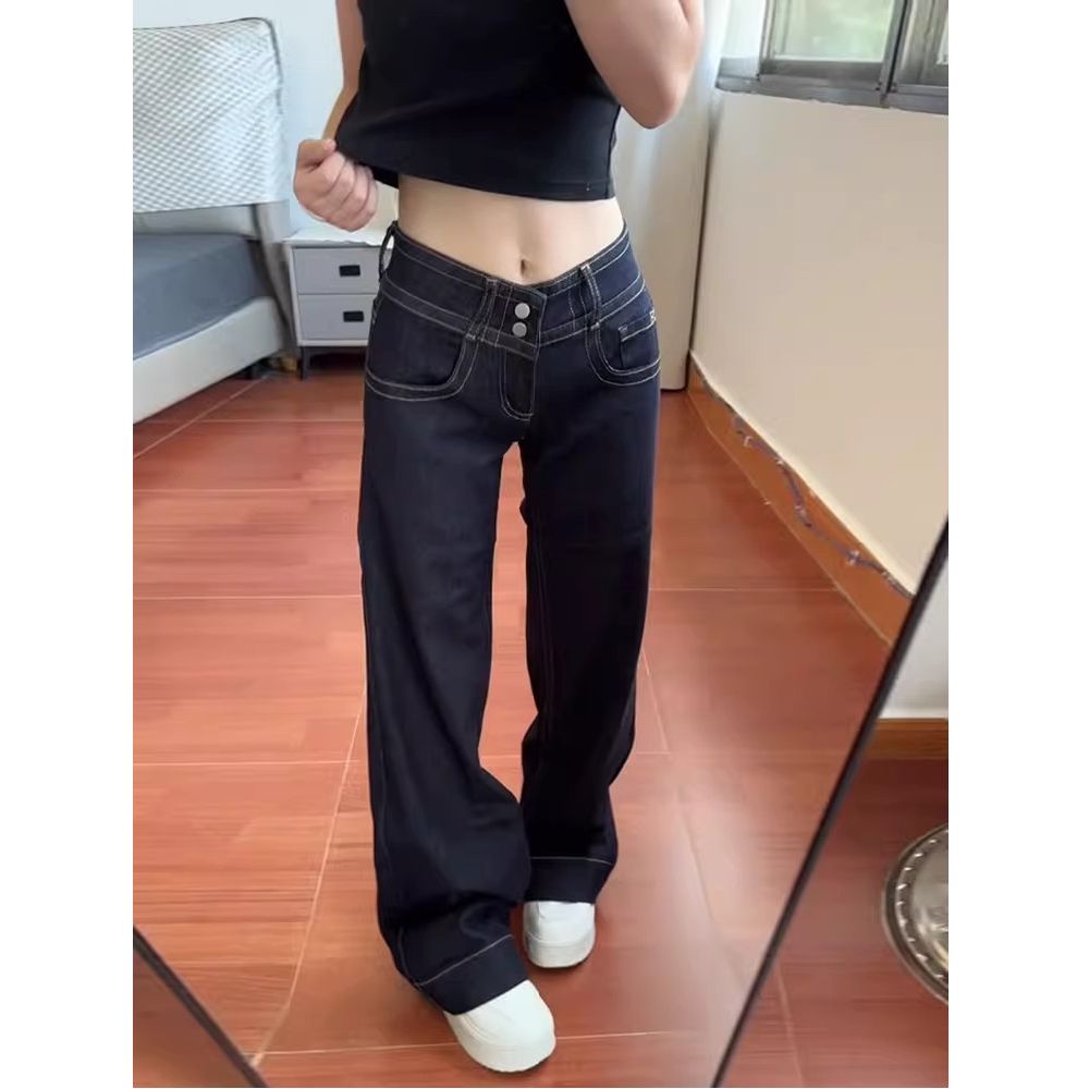 美式雙腰扣不貼腿微喇牛仔褲女2026新款小眾顯瘦百搭低腰直筒褲子