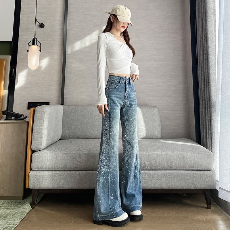 滿天星燙鉆闊腿牛仔褲女寬松遮胯顯瘦高腰遮肚藏肉設計感小眾長褲