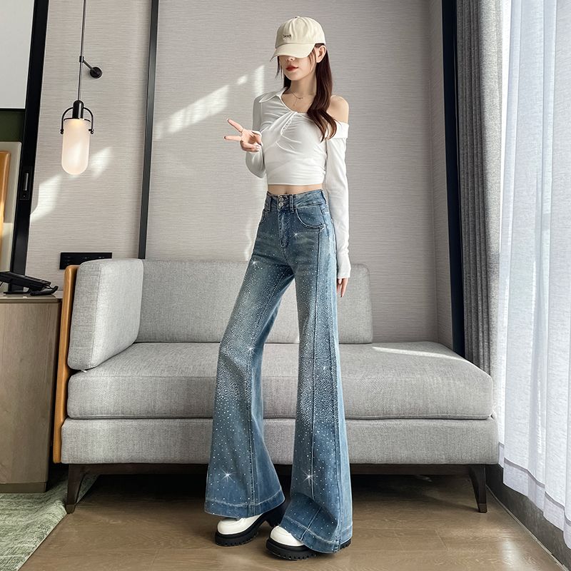 滿天星燙鉆闊腿牛仔褲女寬松遮胯顯瘦高腰遮肚藏肉設計感小眾長褲