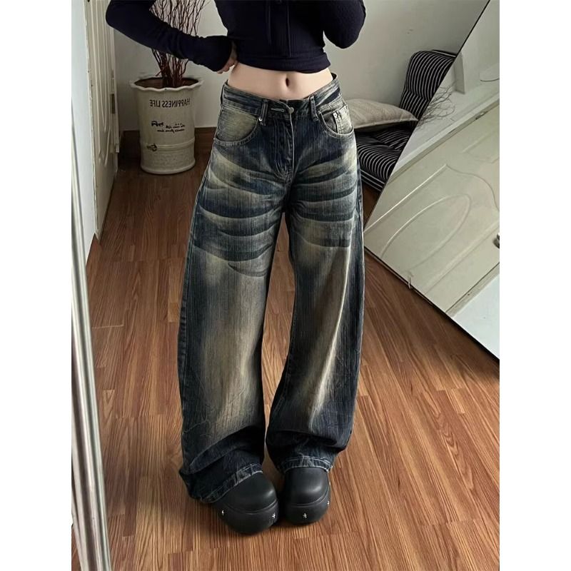 美式復古水洗做舊竹節紋彎刀牛仔褲女春季新款寬松顯瘦拖地闊腿褲